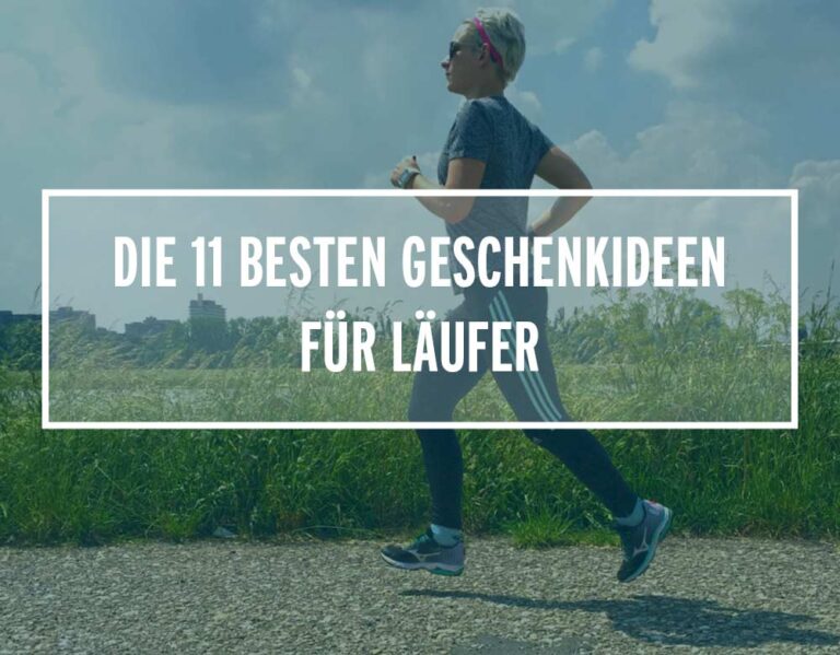 Eine Läuferin joggt im Freien bei Sonnenschein. Der Text im Bild lautet: Die 11 besten Geschenkideen für Läufer, ideal für sportliche Inspiration.
