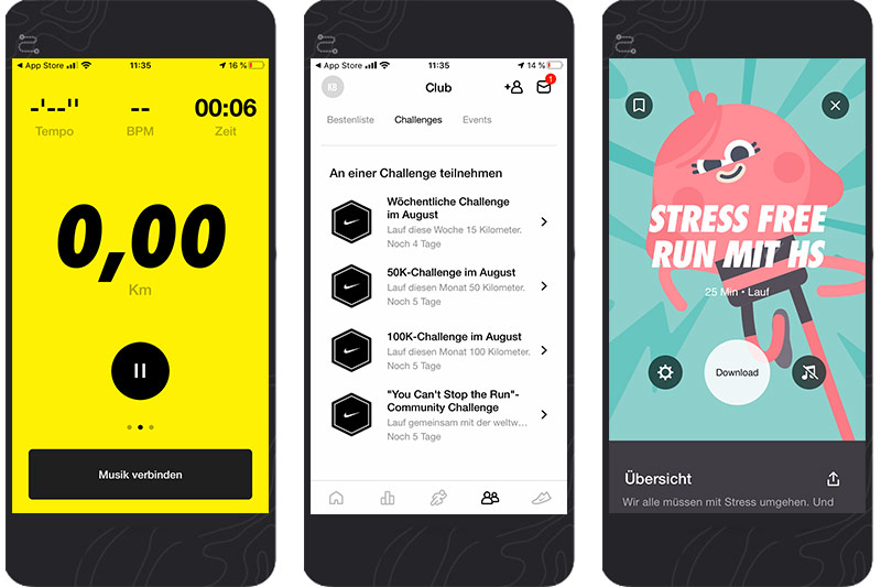 3 Screenshots der Nike App - App für Läufer Erfahrungen