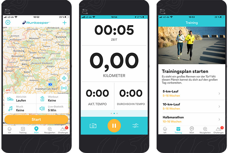 3 Screenshots der Runkeeper App - App für Läufer Erfahrungen