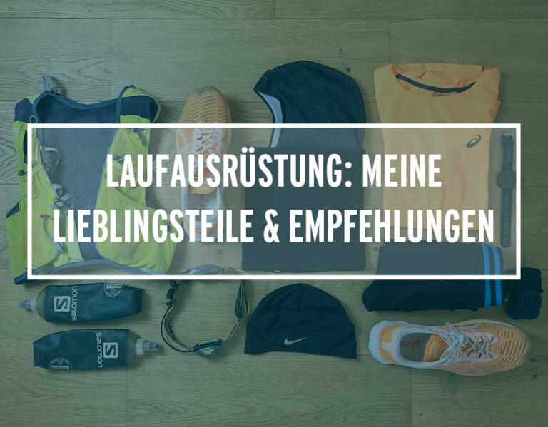 Bunte Laufausrüstung auf dem Boden, inklusive Schuhe, Kleidung und Zubehör für motiviertes Laufen.