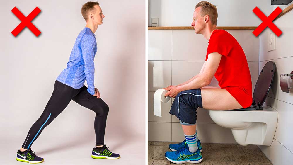 Split Screen: Links ein Läufer, der sich dehnt. Recht ein Läufer, der auf der Toilette sitzt.