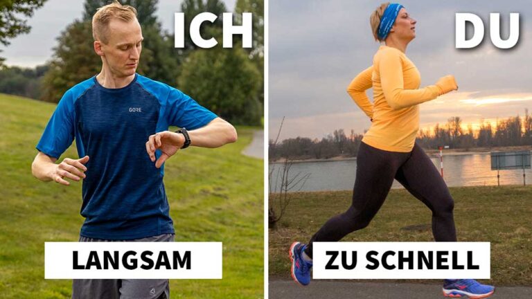 Ein langsamer Jogger überprüft seine Uhr im Park, während eine andere Person schnell am Wasser entlang läuft. Freude am Laufen!