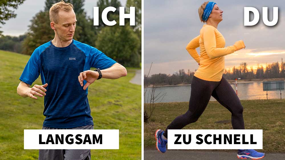 Split Screen. Links ist ein Läufer, der auf seine Laufuhr schaut. Rechts eine Läuferin, die schnell läuft.