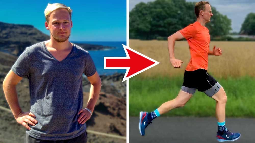 Split Screen: Links ist Lauftrainer Kevin 2013 mit Übergewicht und rechts sportlich beim Joggen einige Jahre später.