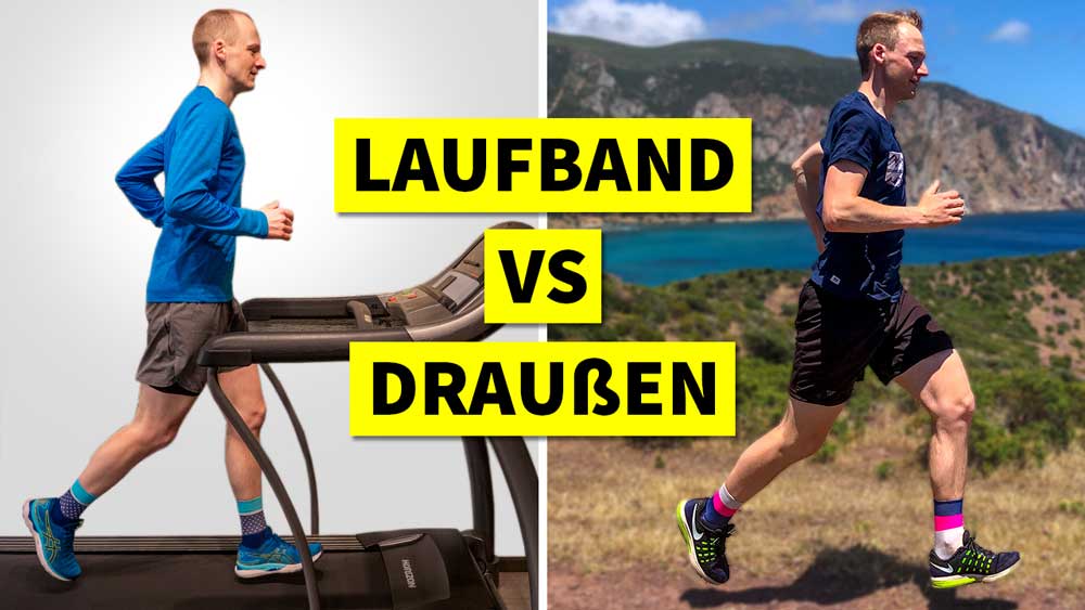 Split Screen: Links joggt Kevin auf dem Laufband und rechts, draußen in der Natur.