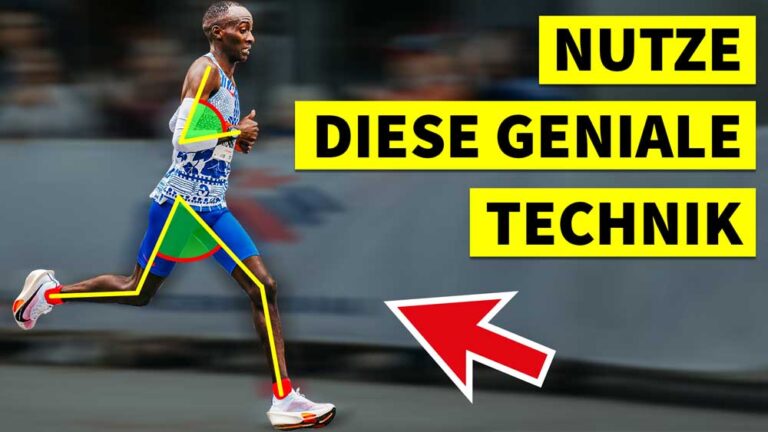 Ein Läufer zeigt die perfekte Lauftechnik mit bunten Markierungen, um Lauftechnik Übungen zu veranschaulichen und Motivation zu fördern.