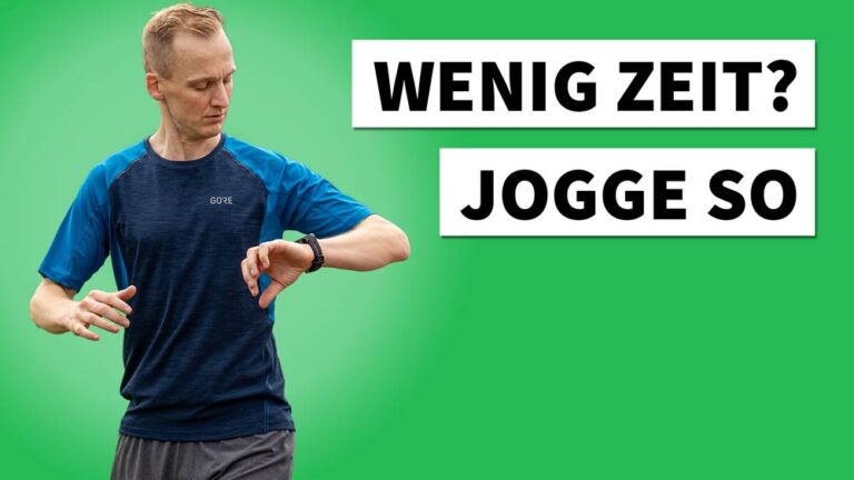 Ein Läufer schaut auf seine Uhr und fragt: 'Wenig Zeit? Jogge so!' Perfekt für Joggen mit wenig Zeit.