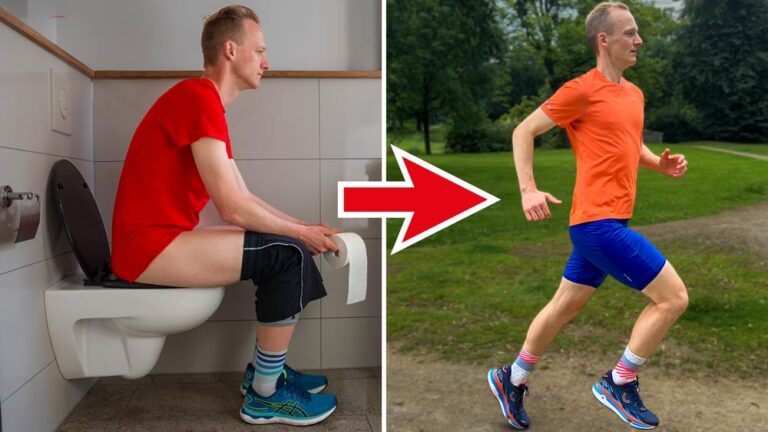 Ein fröhlicher Läufer in orangefarbenem Shirt joggt im Park, während er Stuhldrang beim Joggen überwindet.