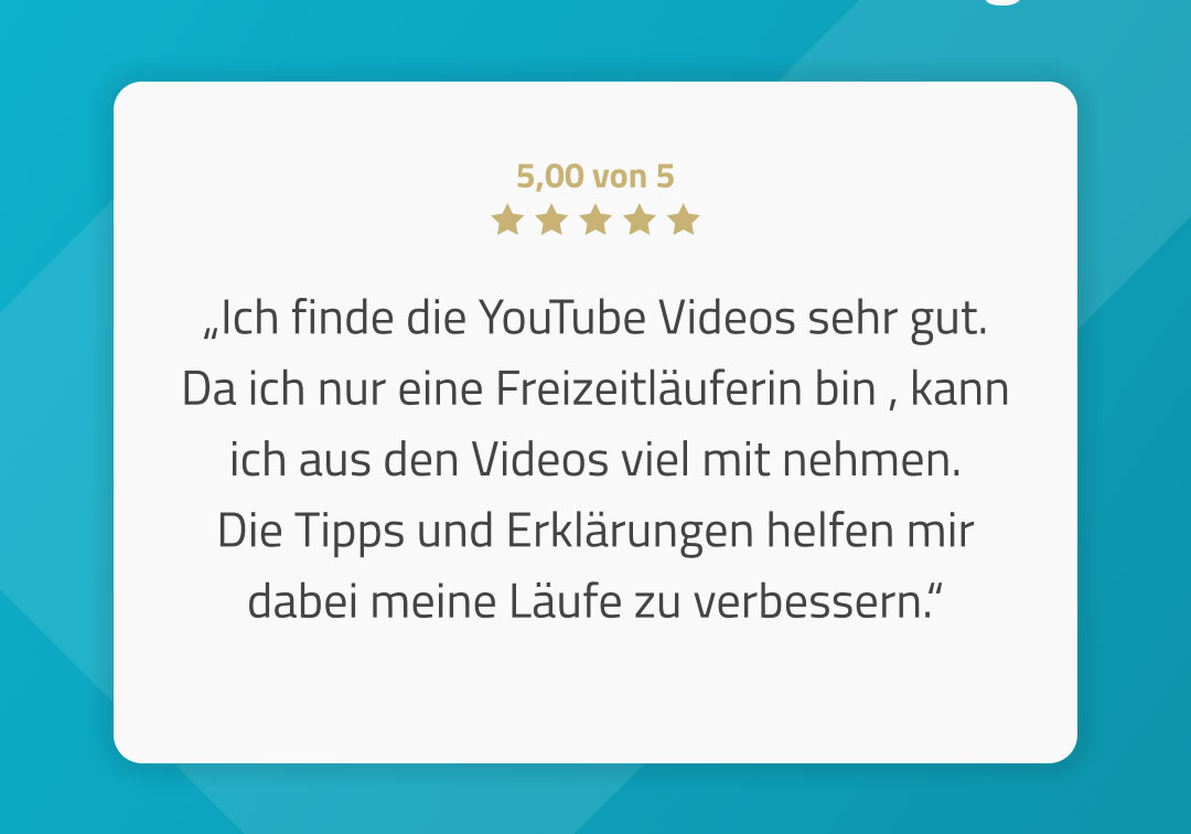 Positive Bewertung eines YouTube-Videos über Lauftraining, das Tipps zur Verbesserung der Lauftechnik bietet.