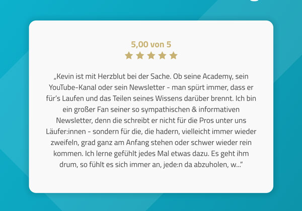 Positive Kundenbewertung über Kevin's Laufcoaching, das Motivation und Unterstützung für Läufer bietet.