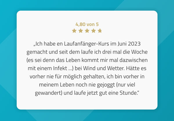 Bewertung eines Laufanfänger-Kurses mit 4,80 von 5 Sternen, motivierende Rückmeldung über das Laufen.