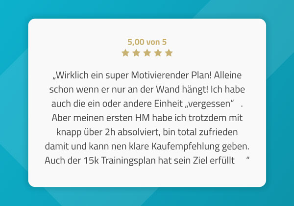 Motivierende Bewertung eines Trainingsplans für Läufer, der Freude und Zufriedenheit beim Laufen vermittelt.
