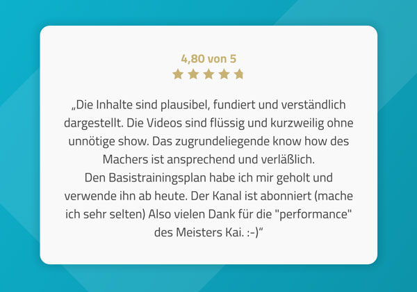 Positive Bewertung eines Laufcoachings mit 4,80 von 5 Sternen, lobt die verständliche und unterhaltsame Präsentation.